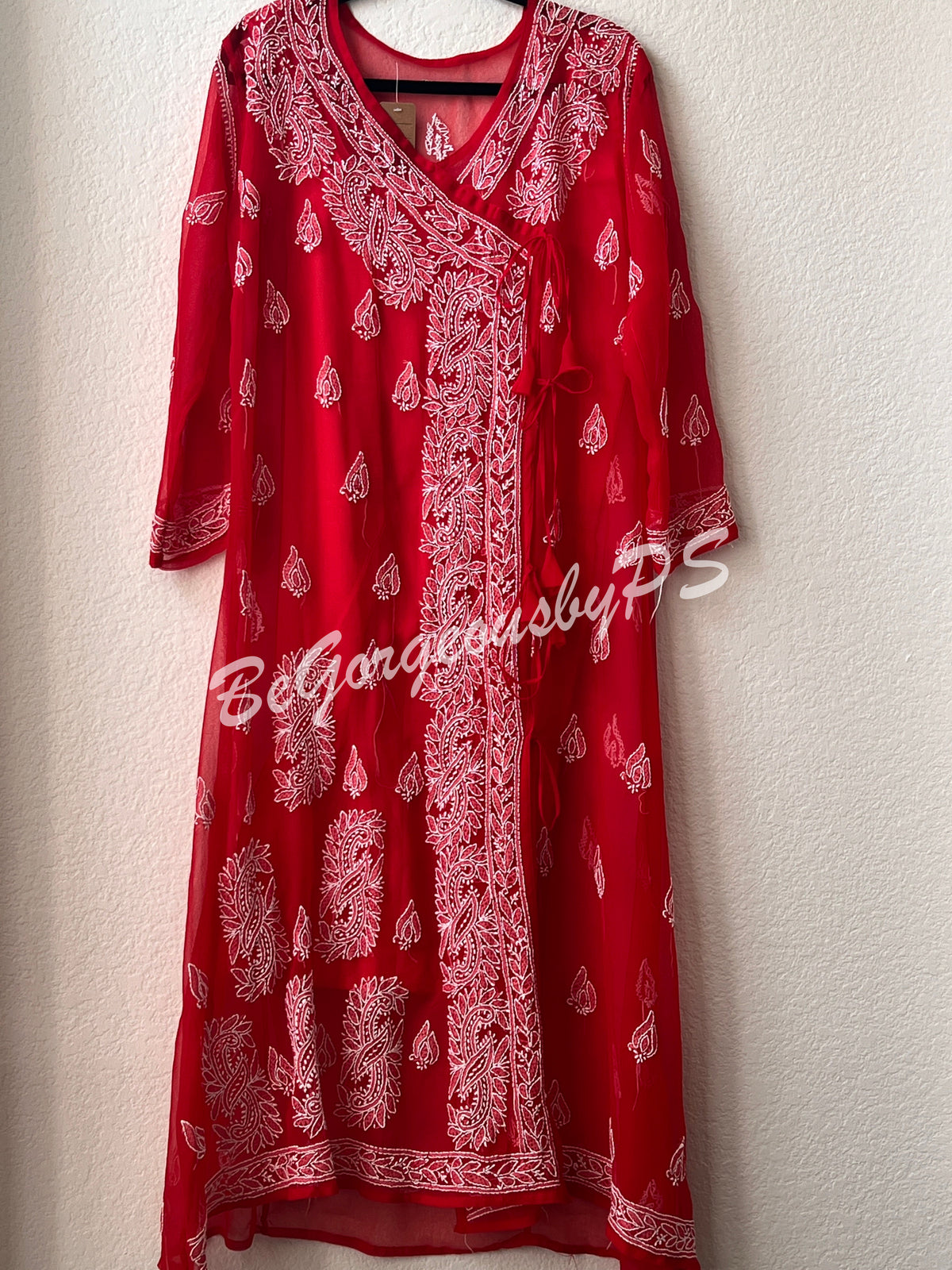 Chikankari angrakha style kurti in red color