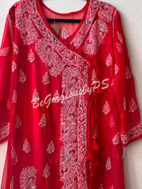 Chikankari angrakha style kurti in red color