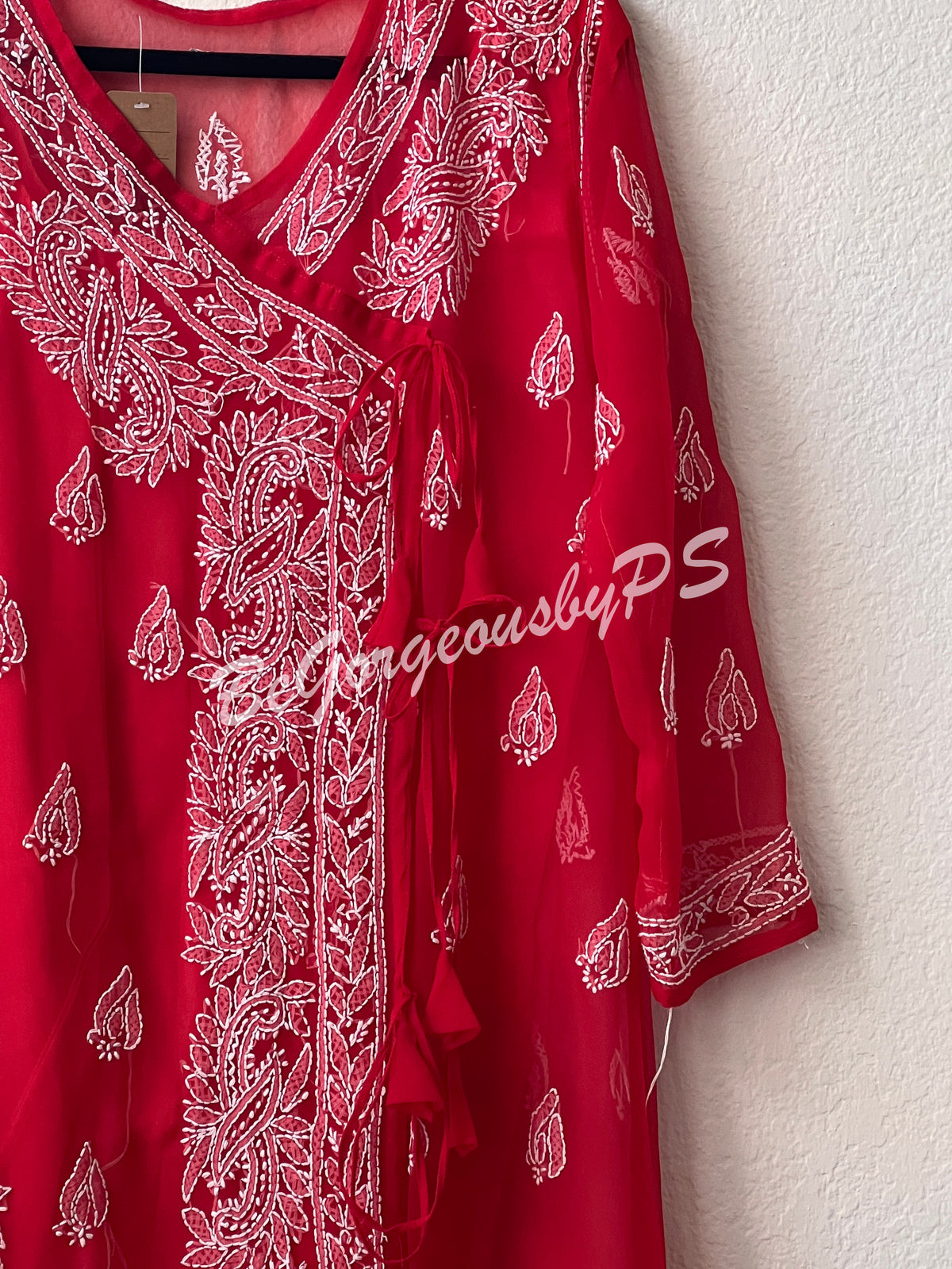 Chikankari angrakha style kurti in red color