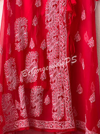 Chikankari angrakha style kurti in red color