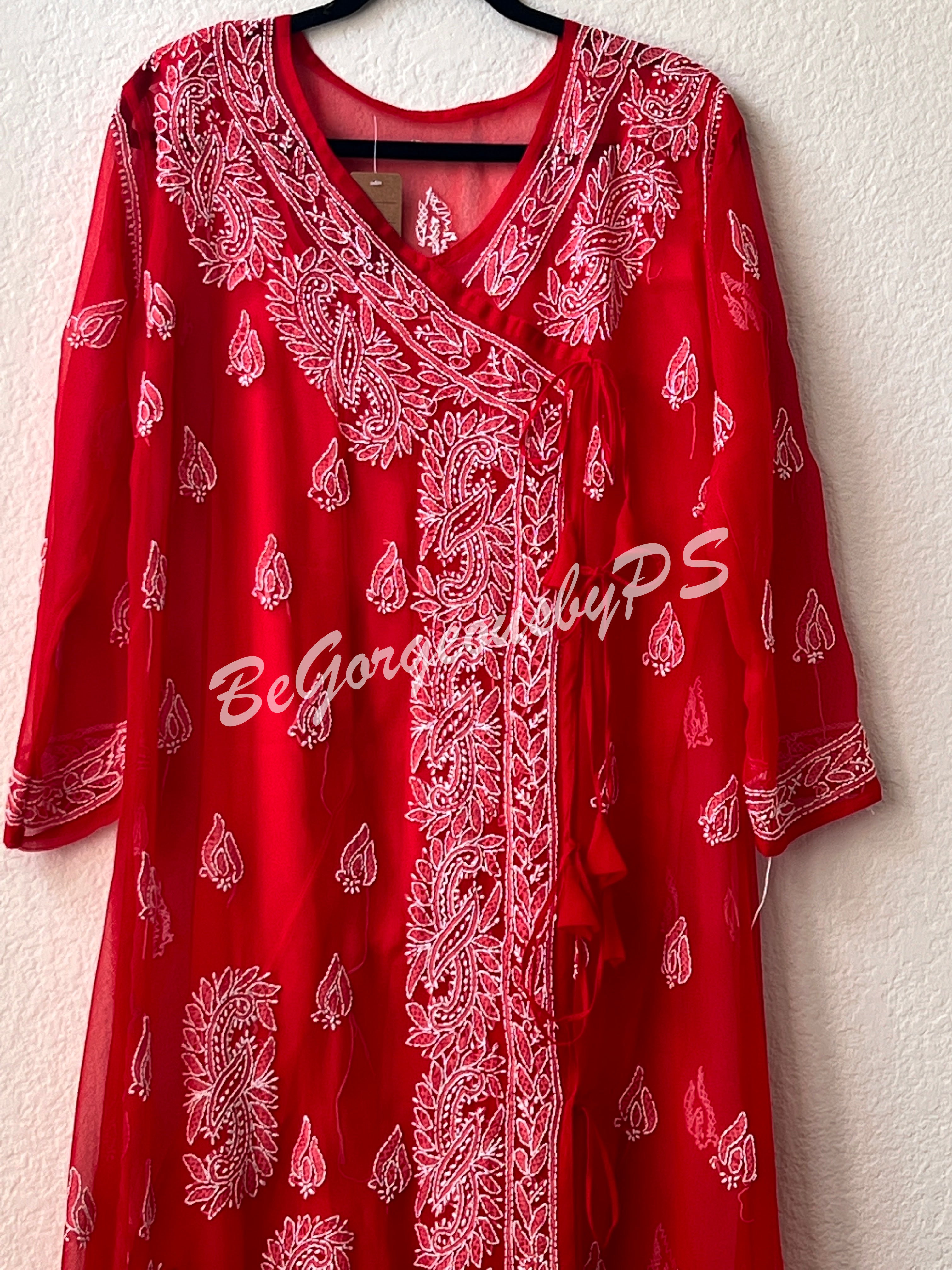 Chikankari angrakha style kurti in red color