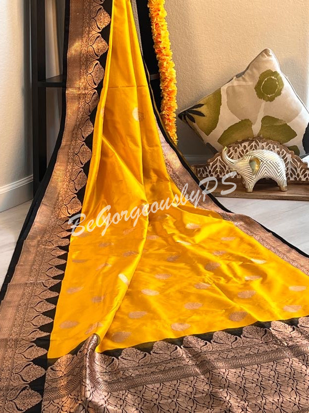 Yellow Black Woven Chiffon Saree - Sagar Saree