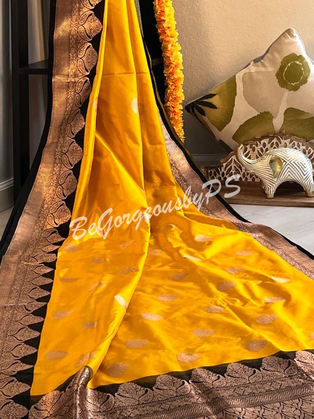 Banarasi Katan Silk silkmark certified with stitched blouse - yellow black