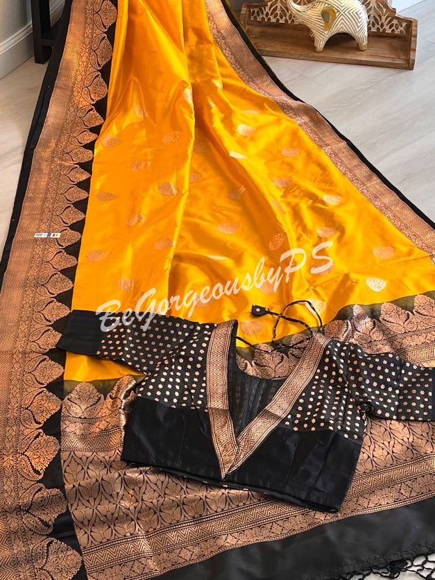 Banarasi Katan Silk silkmark certified with stitched blouse - yellow black