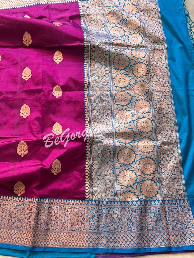 Banarasi Katan Silk silkmark certified with stitched blouse - purple blue