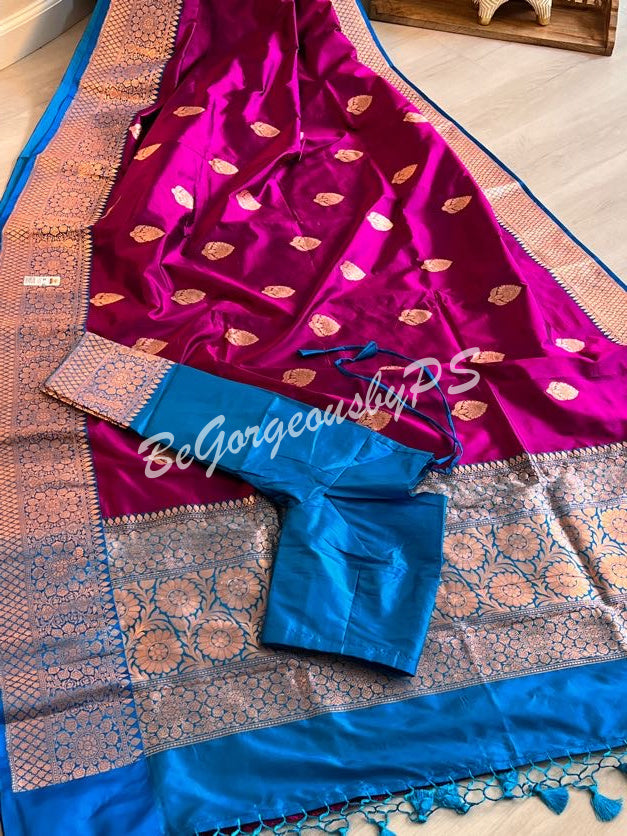 Banarasi Katan Silk silkmark certified with stitched blouse - purple blue