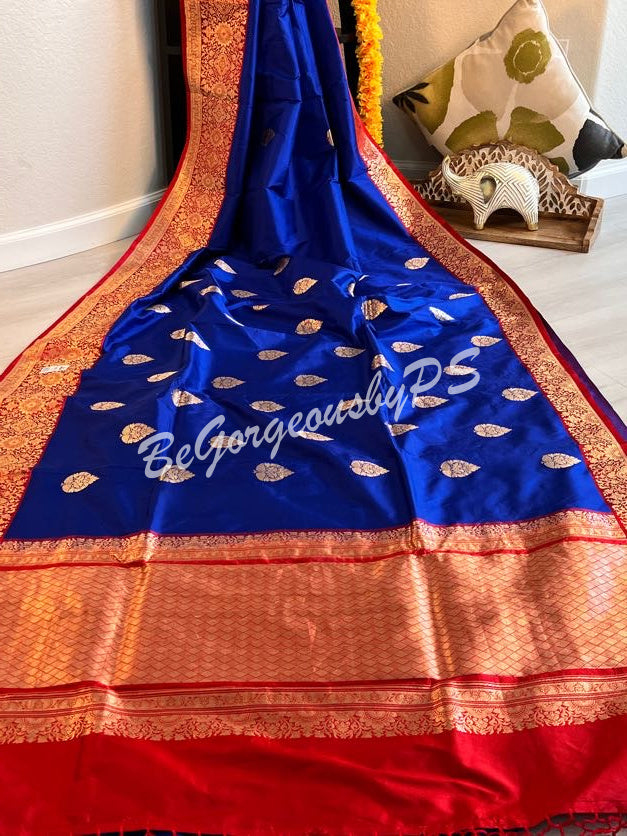 Banarasi Katan Silk silkmark certified with stitched blouse - blue red