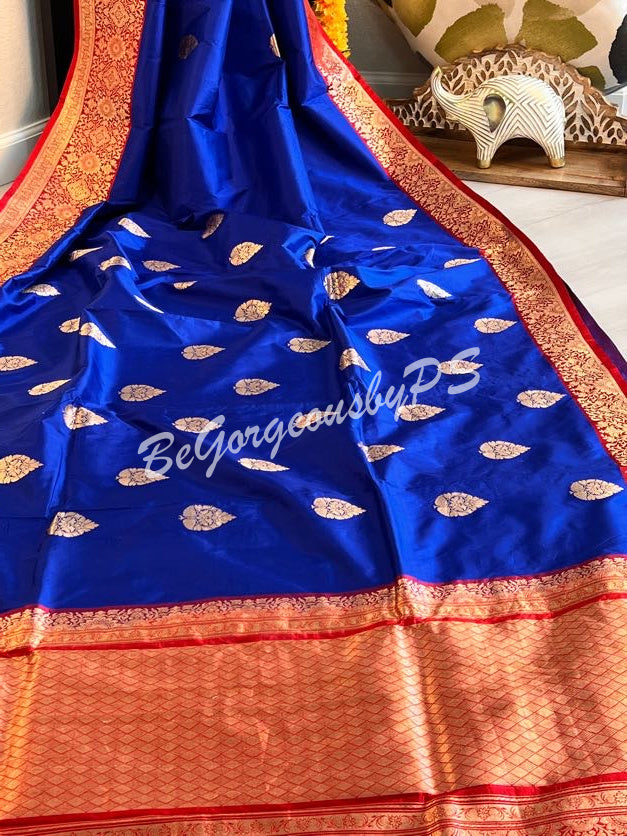 Banarasi Katan Silk silkmark certified with stitched blouse - blue red