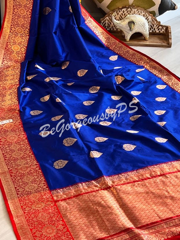 Banarasi Katan Silk silkmark certified with stitched blouse - blue red