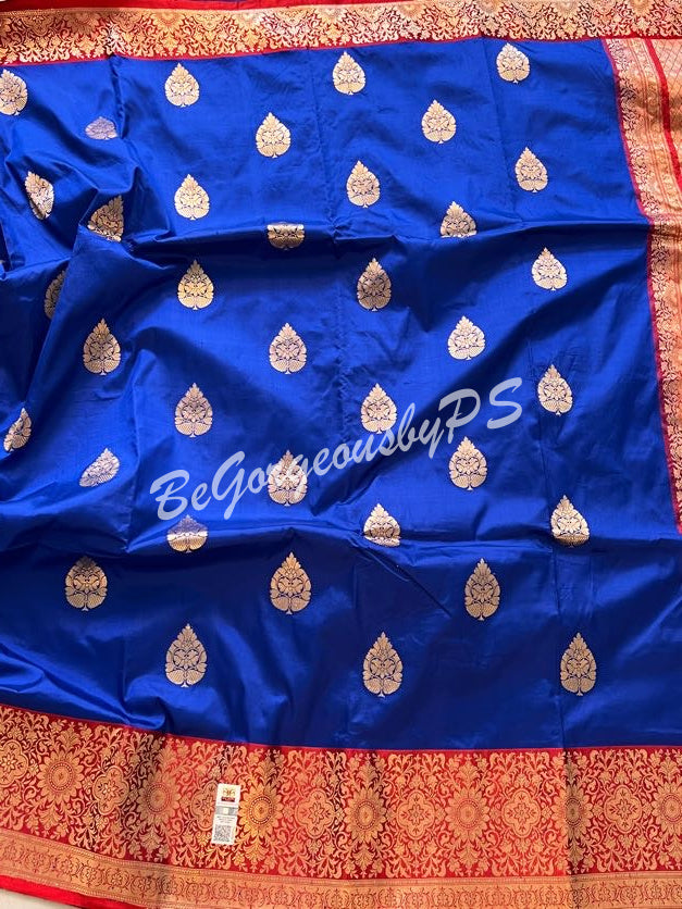 Banarasi Katan Silk silkmark certified with stitched blouse - blue red