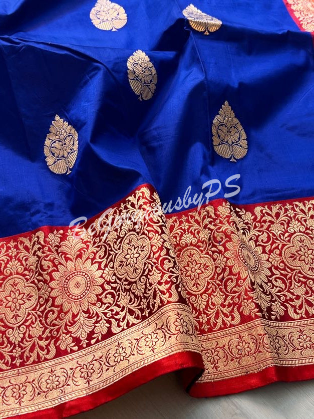 Banarasi Katan Silk silkmark certified with stitched blouse - blue red