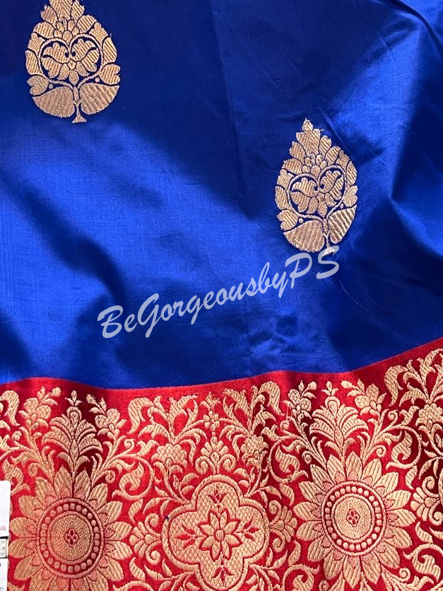 Banarasi Katan Silk silkmark certified with stitched blouse - blue red