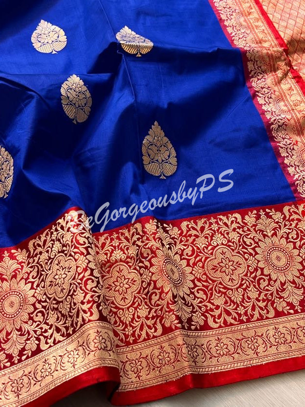 Banarasi Katan Silk silkmark certified with stitched blouse - blue red