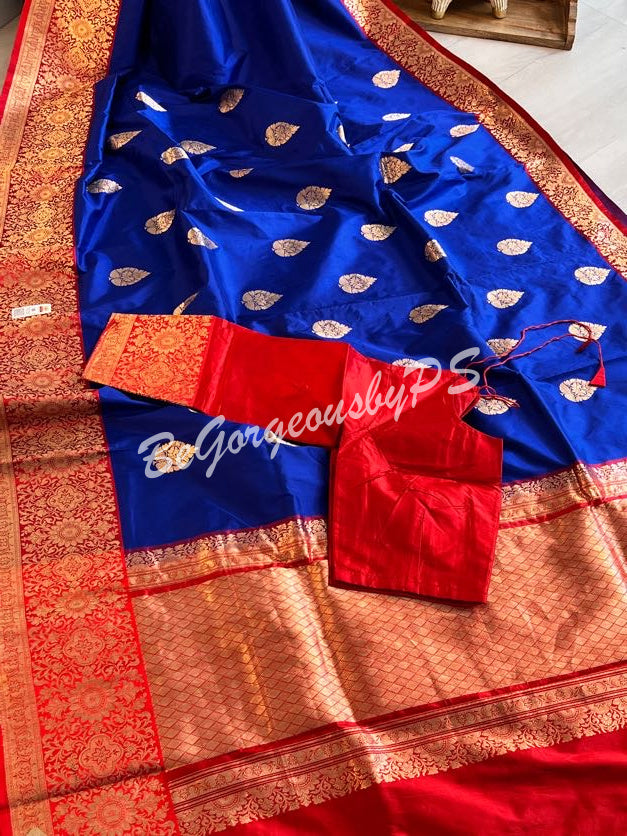 Banarasi Katan Silk silkmark certified with stitched blouse - blue red