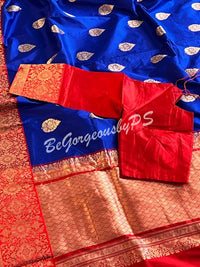 Banarasi Katan Silk silkmark certified with stitched blouse - blue red
