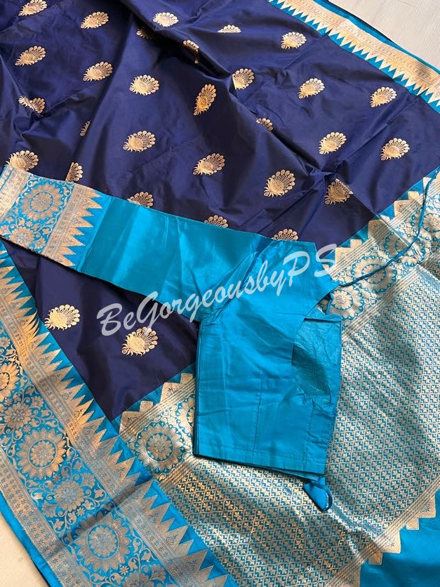 Banarasi Katan Silk silkmark certified with stitched blouse - blue blue