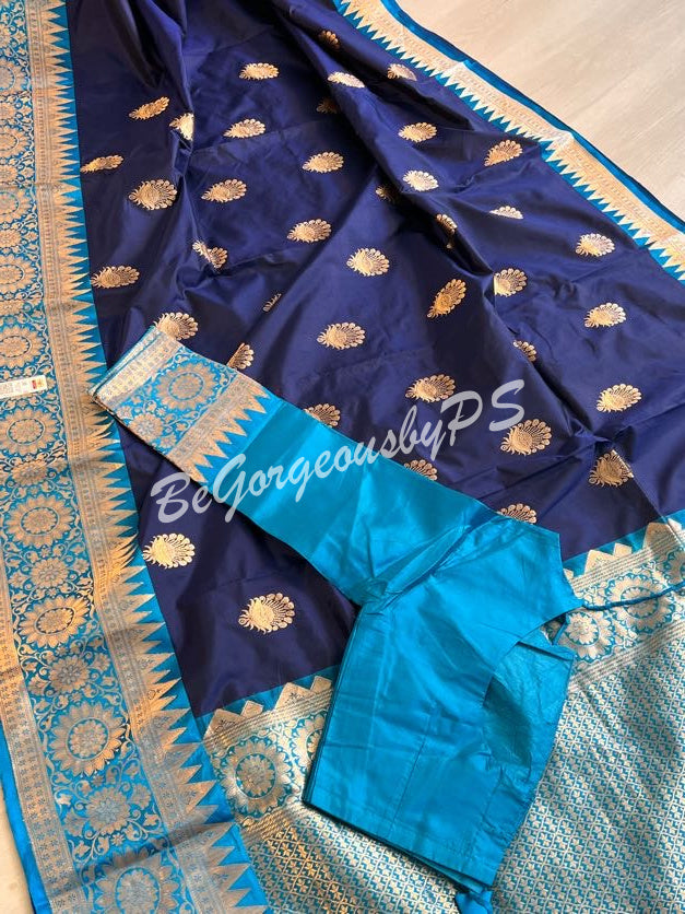 Banarasi Katan Silk silkmark certified with stitched blouse - blue blue