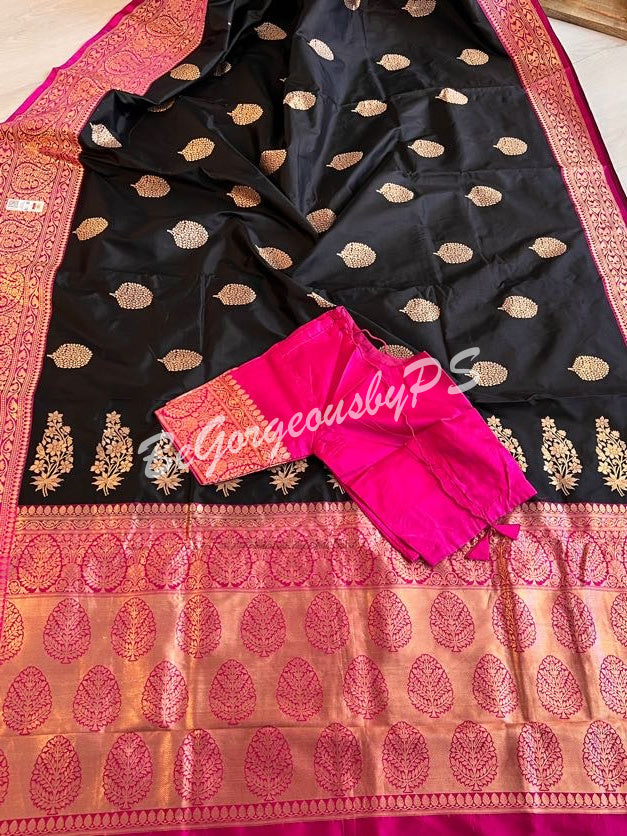 Banarasi Katan Silk silkmark certified with stitched blouse - black pink