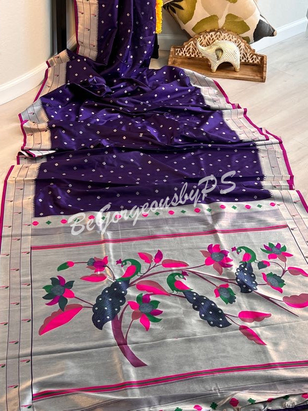 PAITHANI SILVER ZARI NAVY BLUE Purple