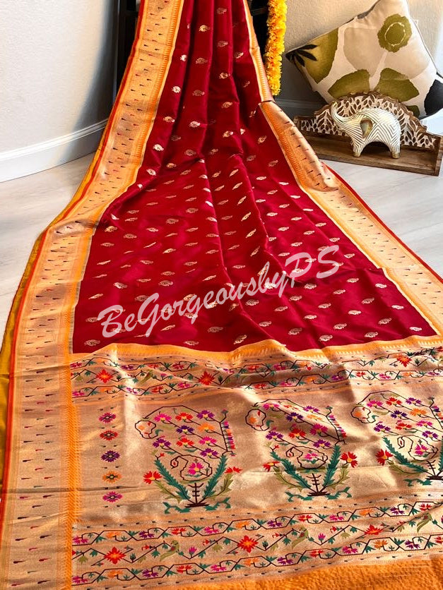 MOONGA SILK GADWAL PATTERN PAITHANI MUNIYA RED