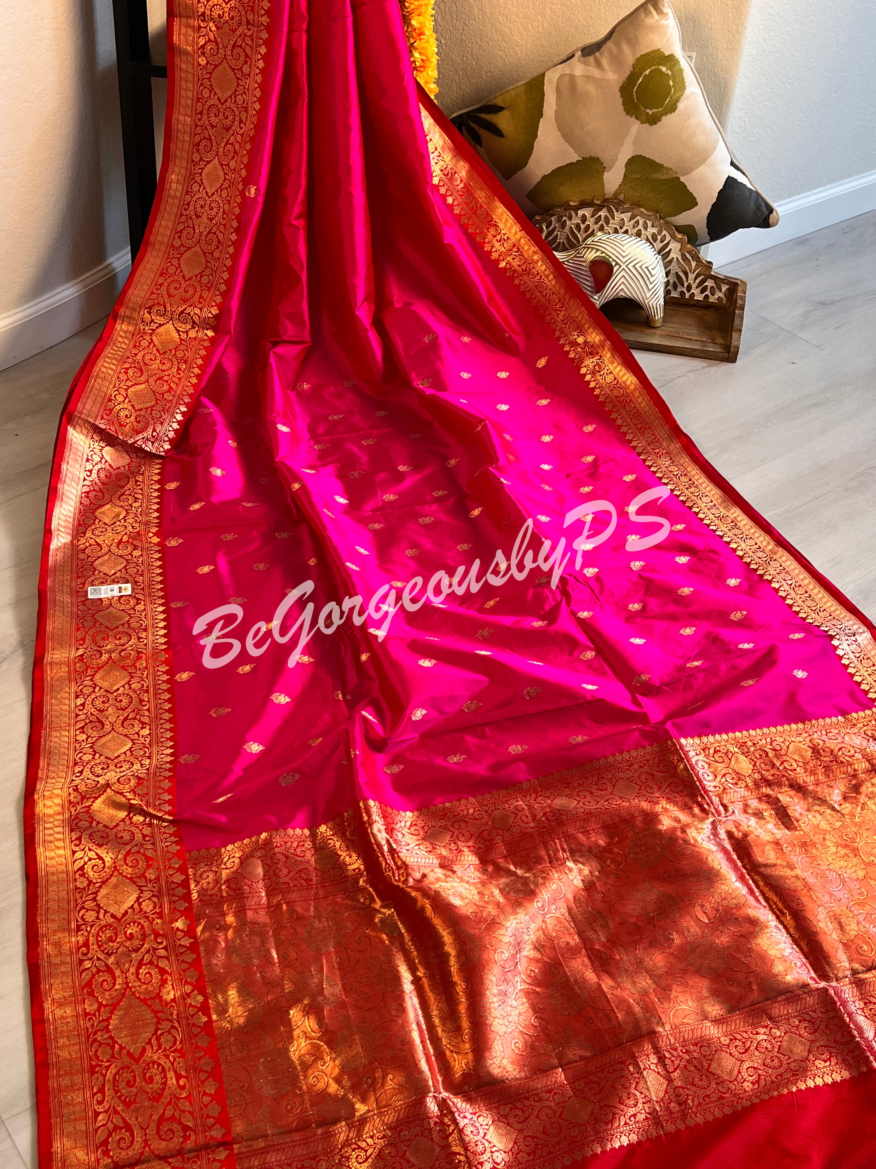 Banarasi Katan Silk silkmark certified with stitched blouse - pink red