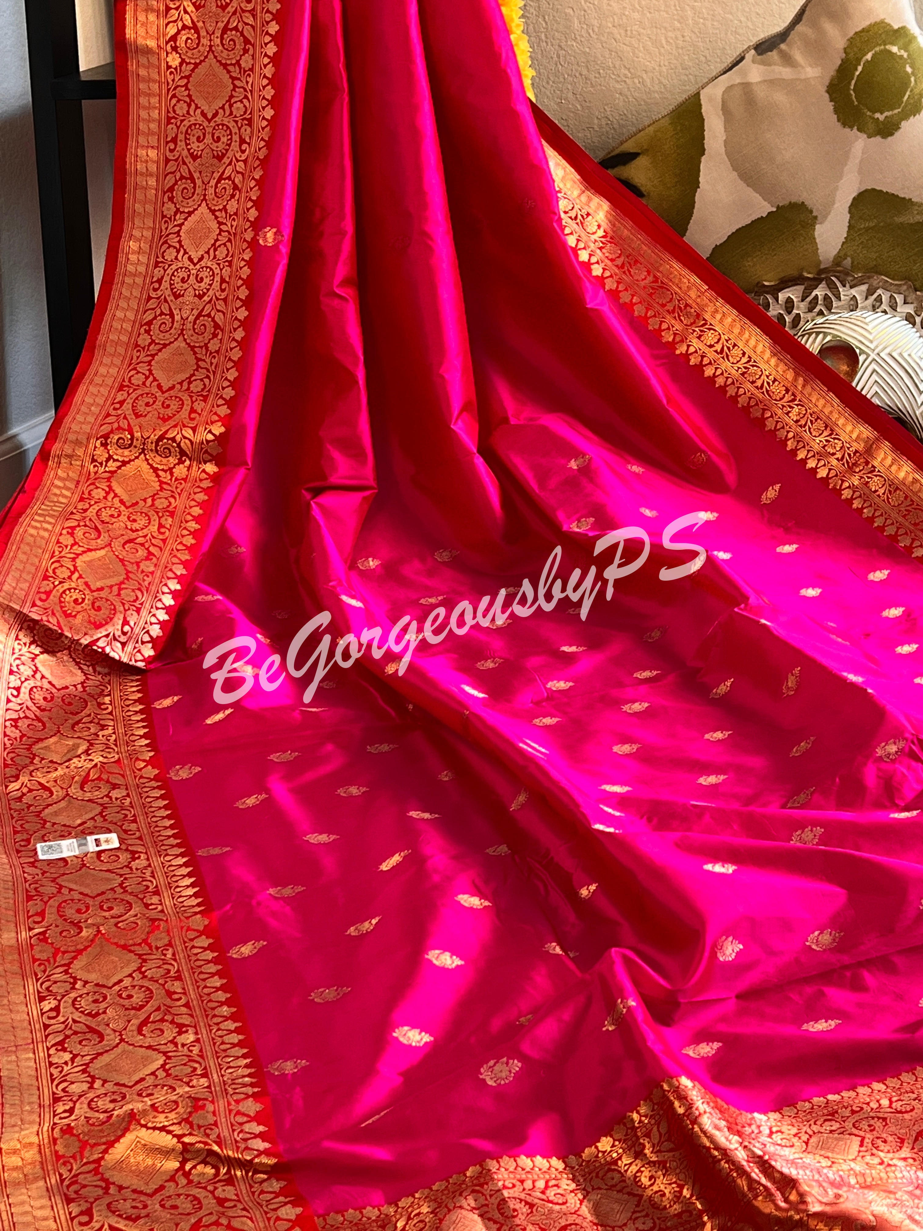 Banarasi Katan Silk silkmark certified with stitched blouse - pink red