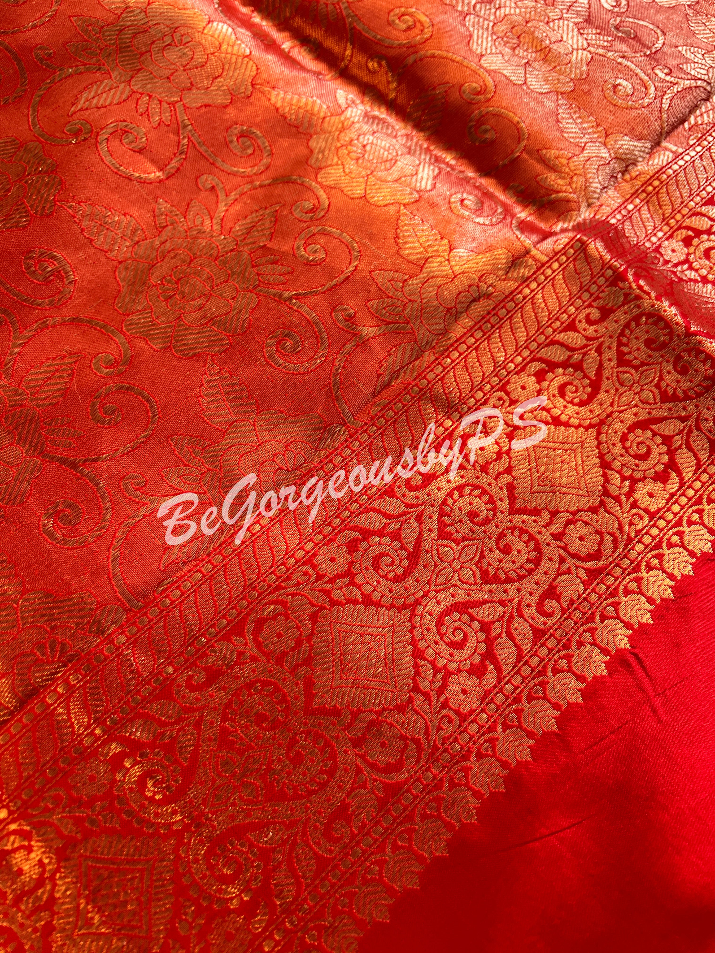 Banarasi Katan Silk silkmark certified with stitched blouse - pink red