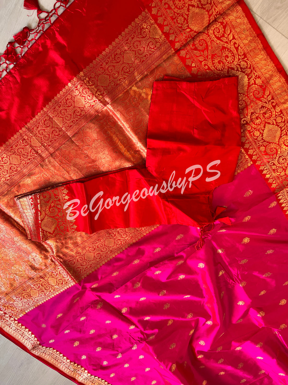 Banarasi Katan Silk silkmark certified with stitched blouse - pink red