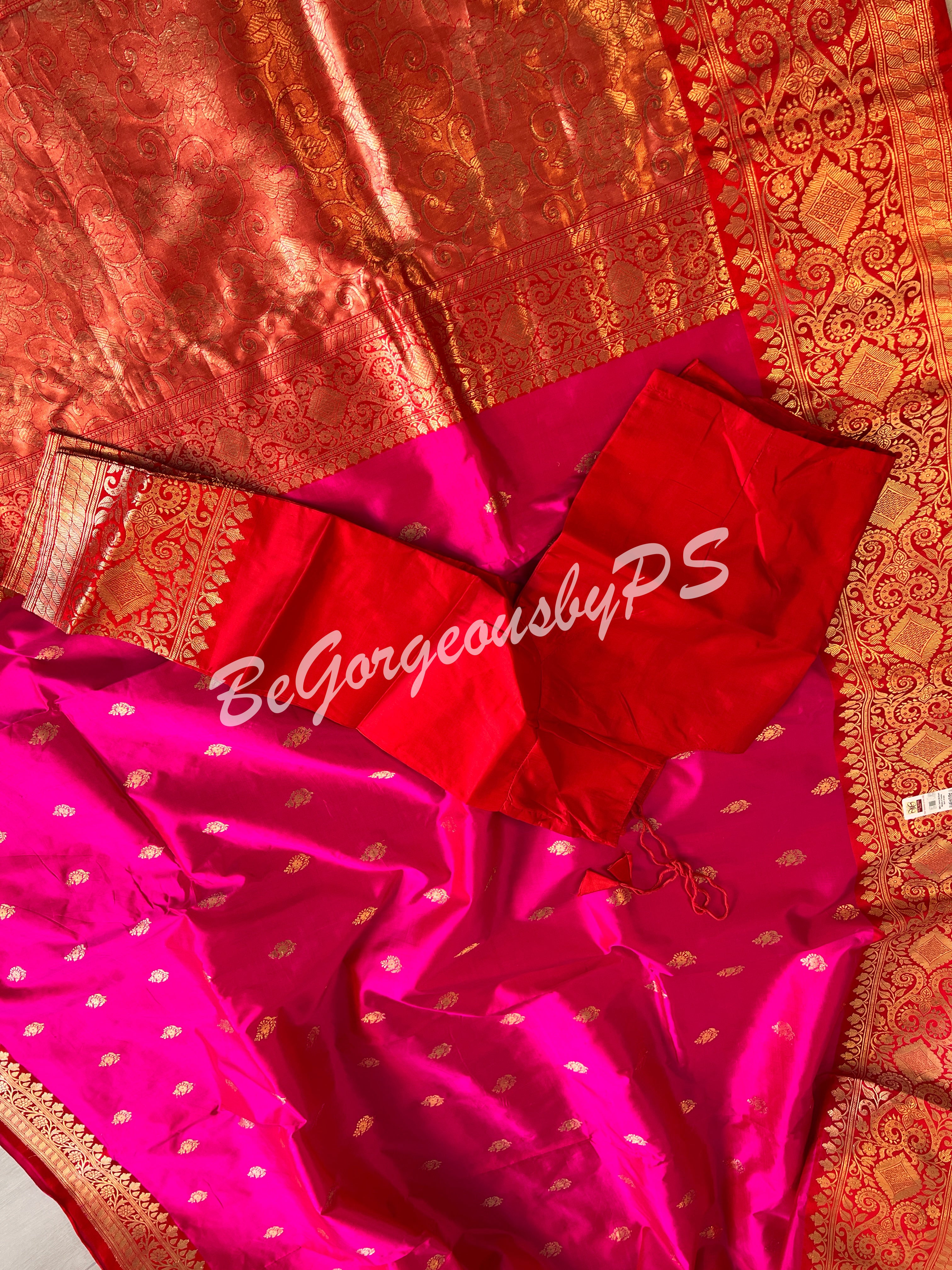 Banarasi Katan Silk silkmark certified with stitched blouse - pink red