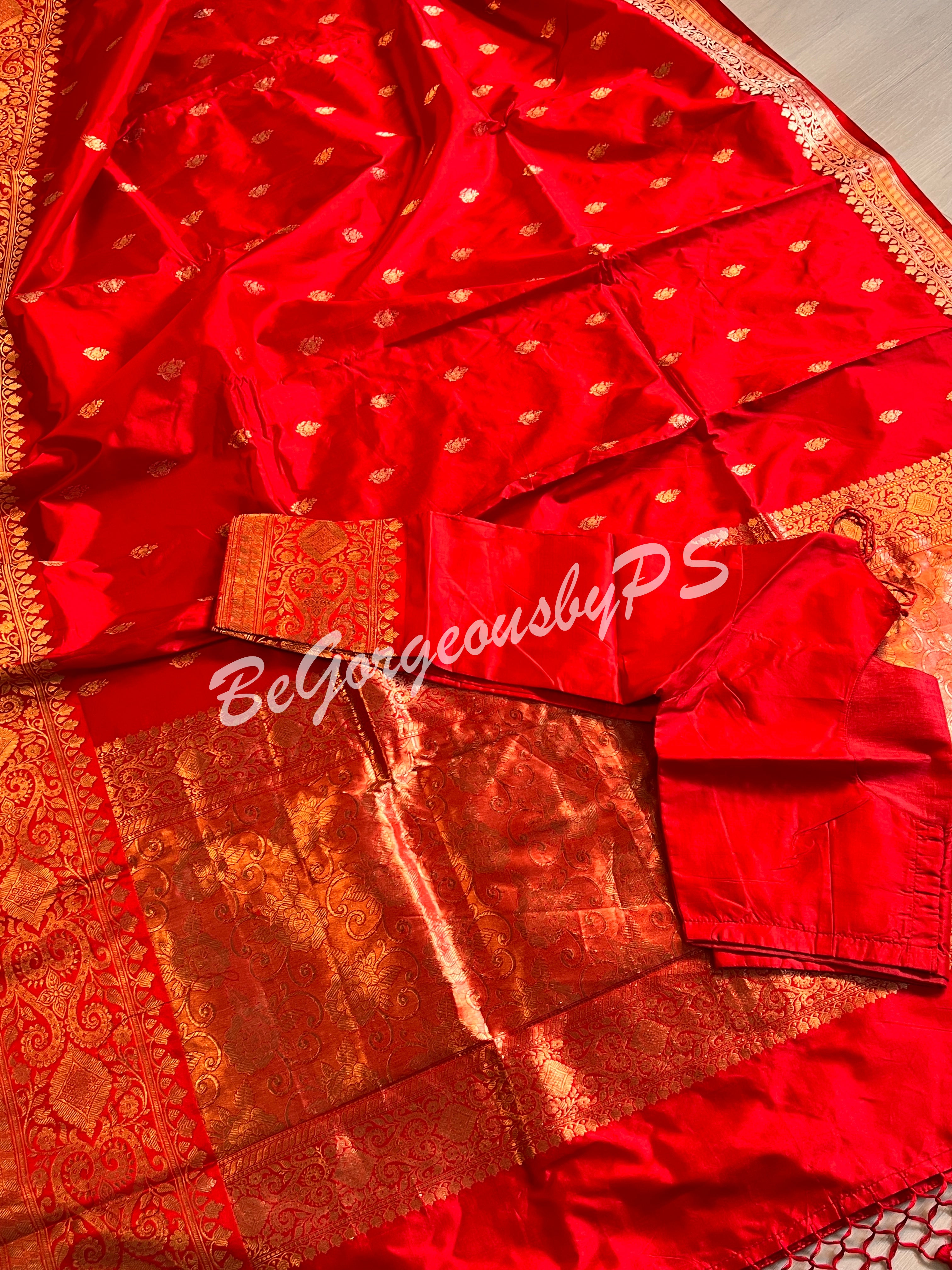 Banarasi Katan Silk silkmark certified with stitched blouse - red