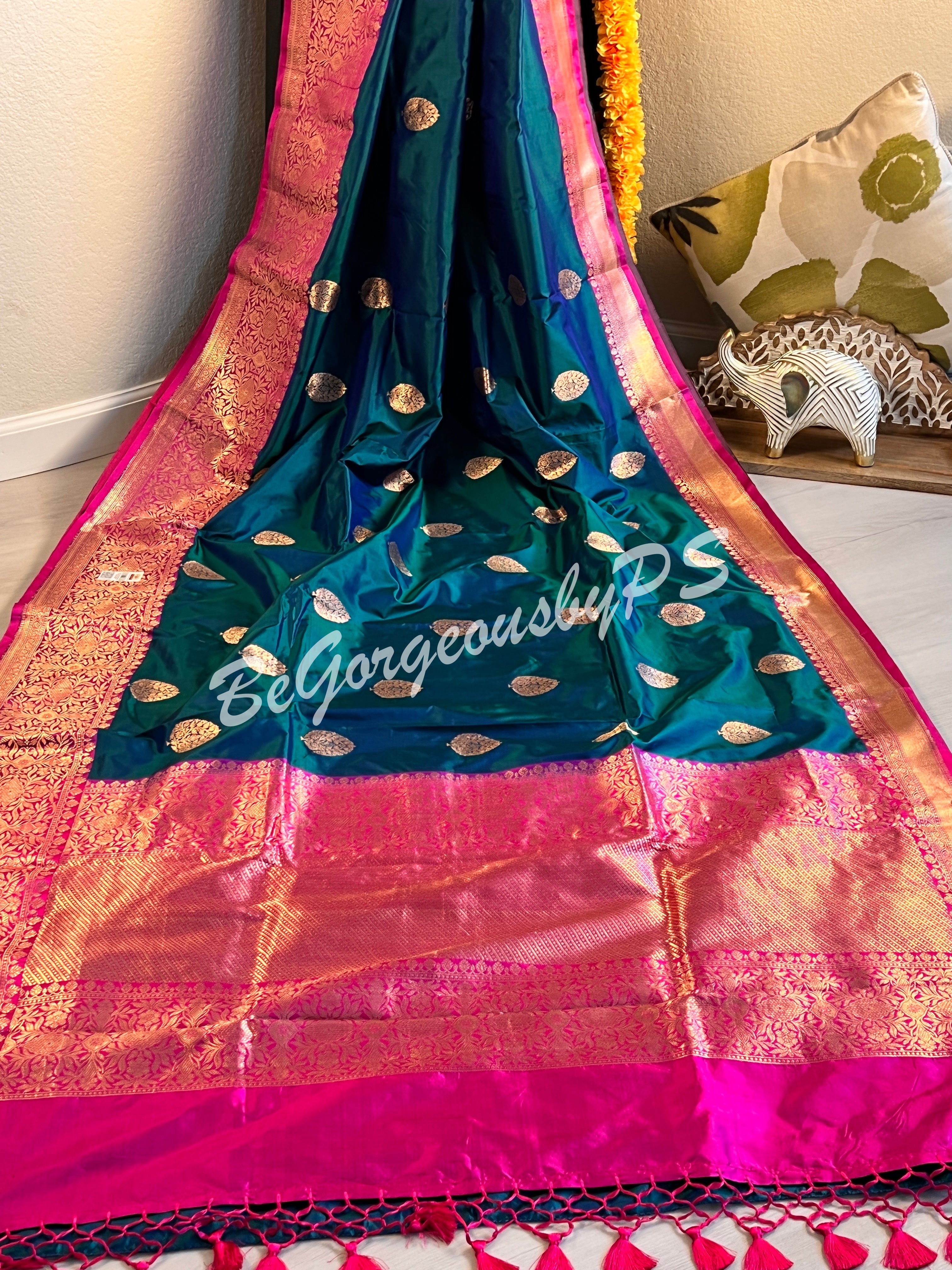 Banarasi Katan Silk silkmark certified with stitched blouse - bottle green pink