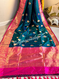 Banarasi Katan Silk silkmark certified with stitched blouse - bottle green pink