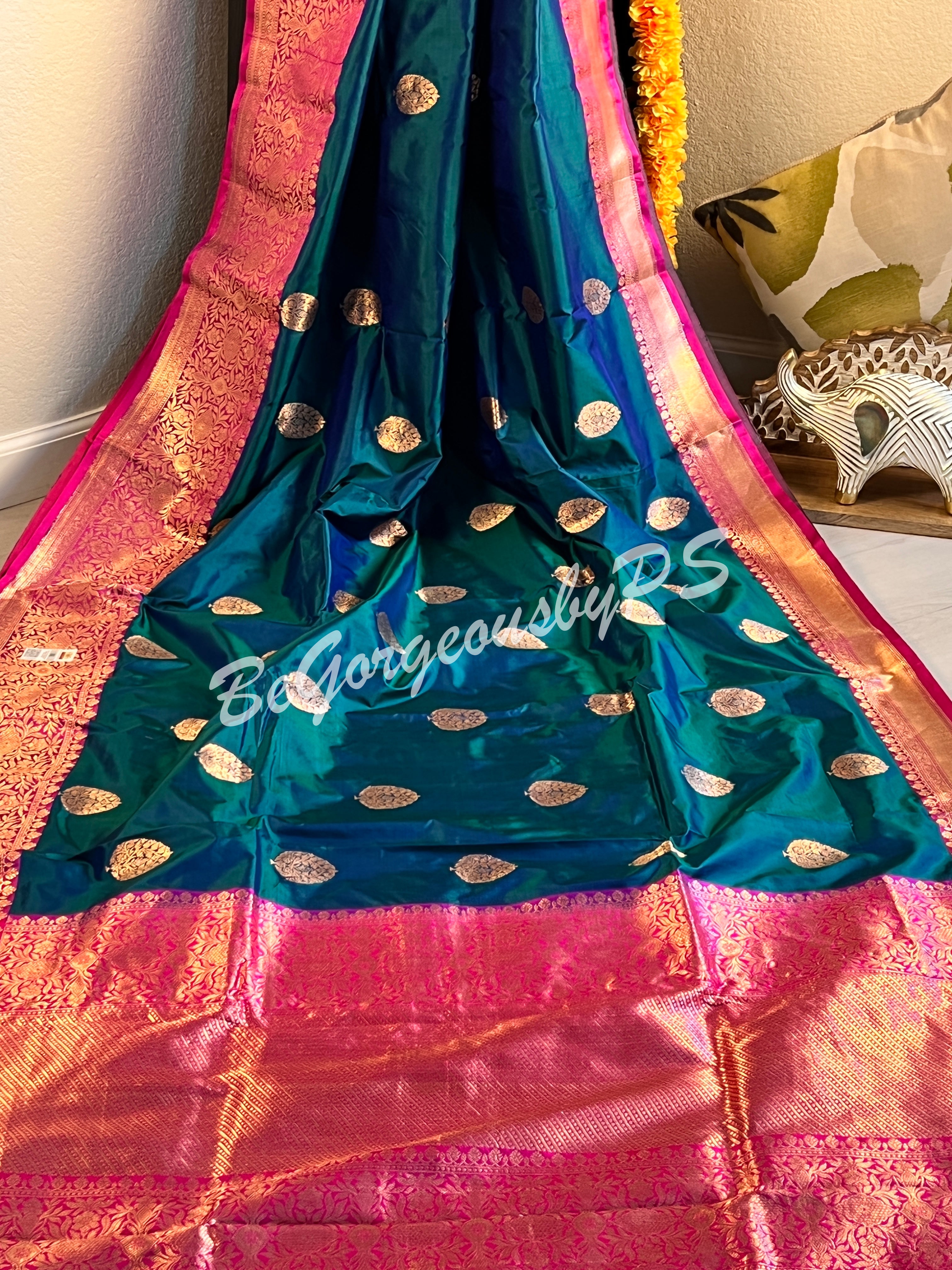 Banarasi Katan Silk silkmark certified with stitched blouse - bottle green pink