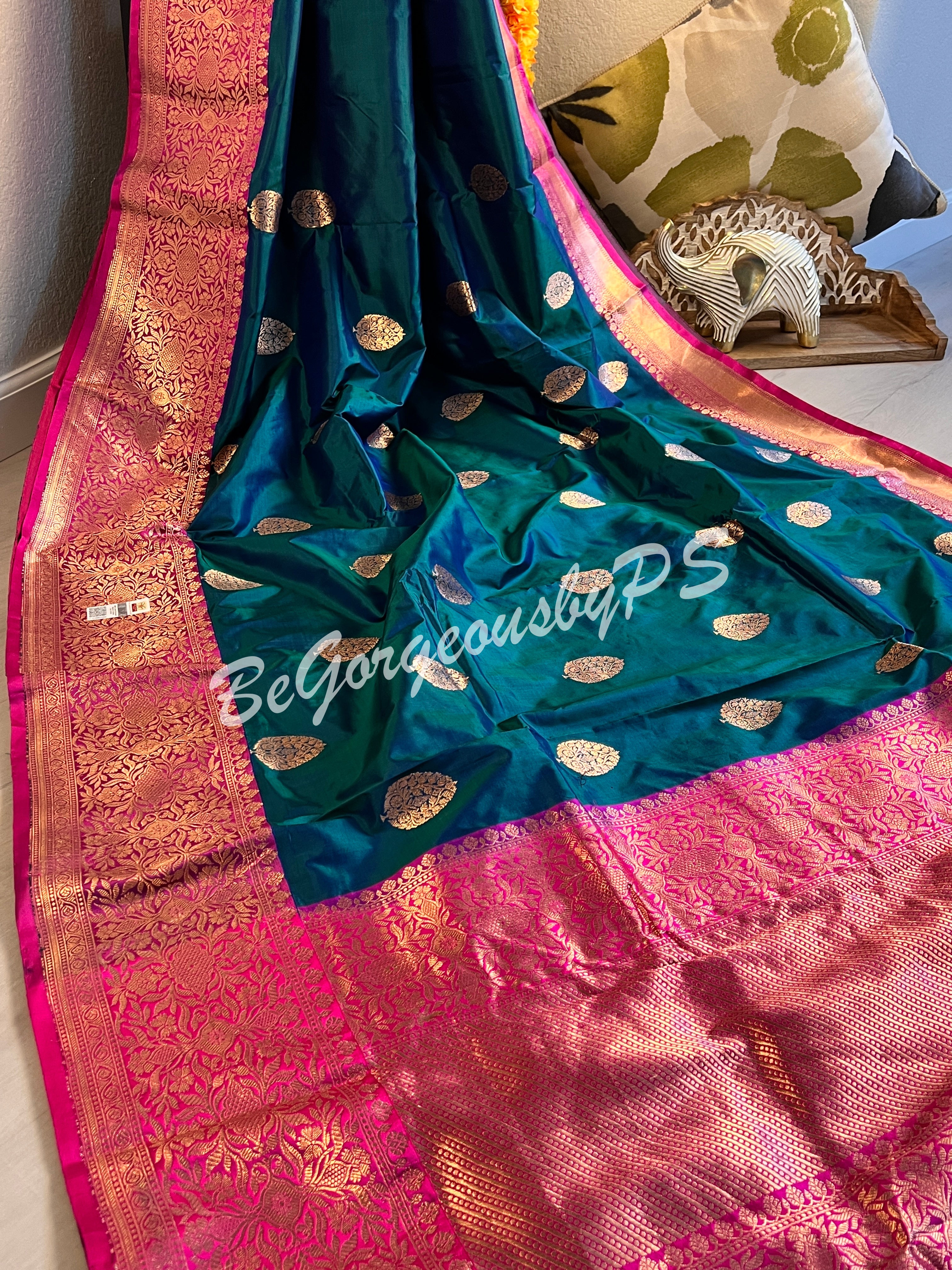 Banarasi Katan Silk silkmark certified with stitched blouse - bottle green pink