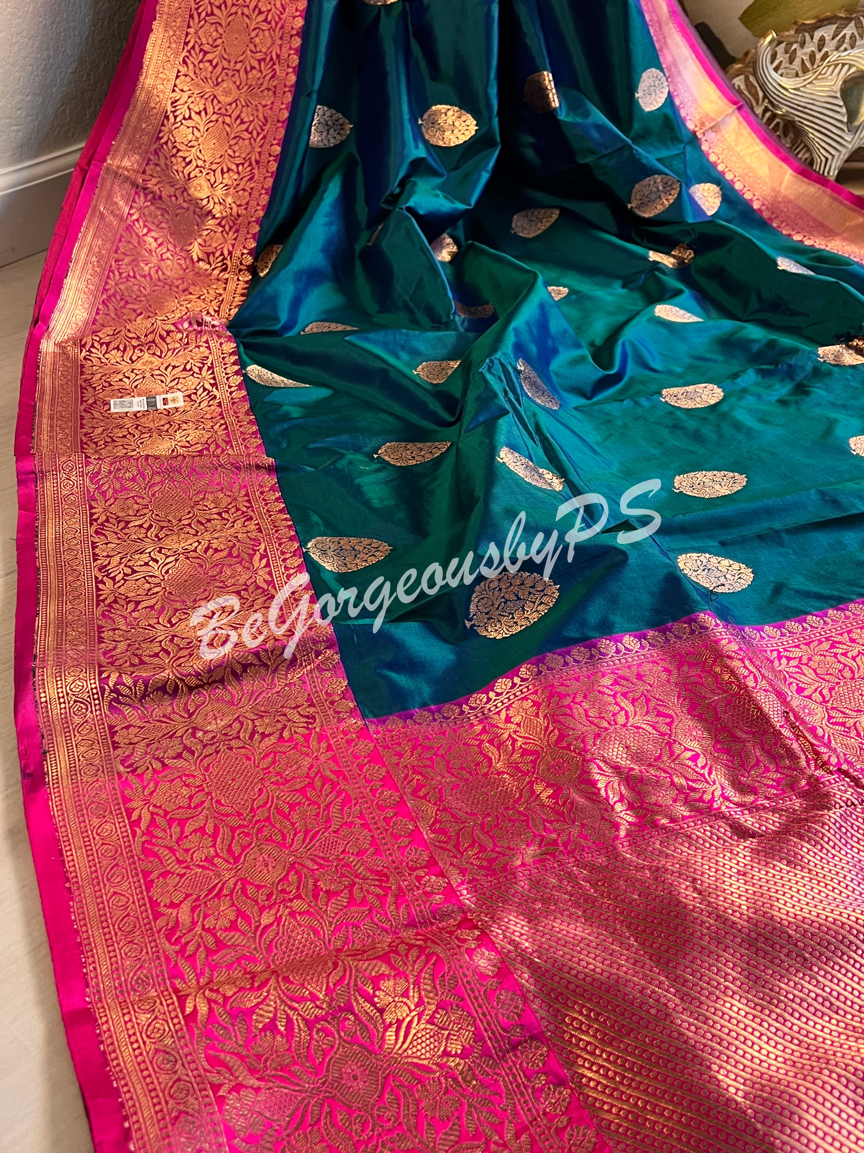 Banarasi Katan Silk silkmark certified with stitched blouse - bottle green pink