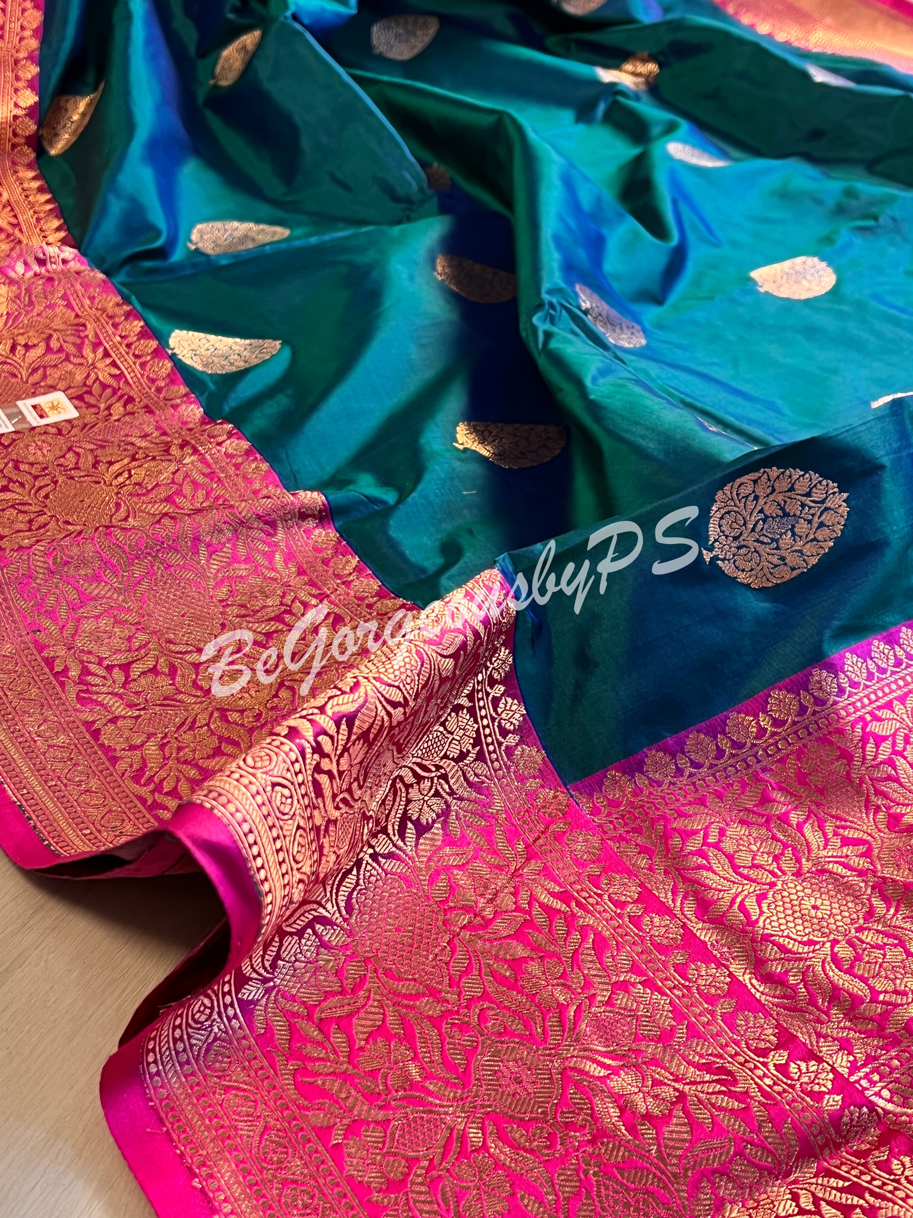 Banarasi Katan Silk silkmark certified with stitched blouse - bottle green pink