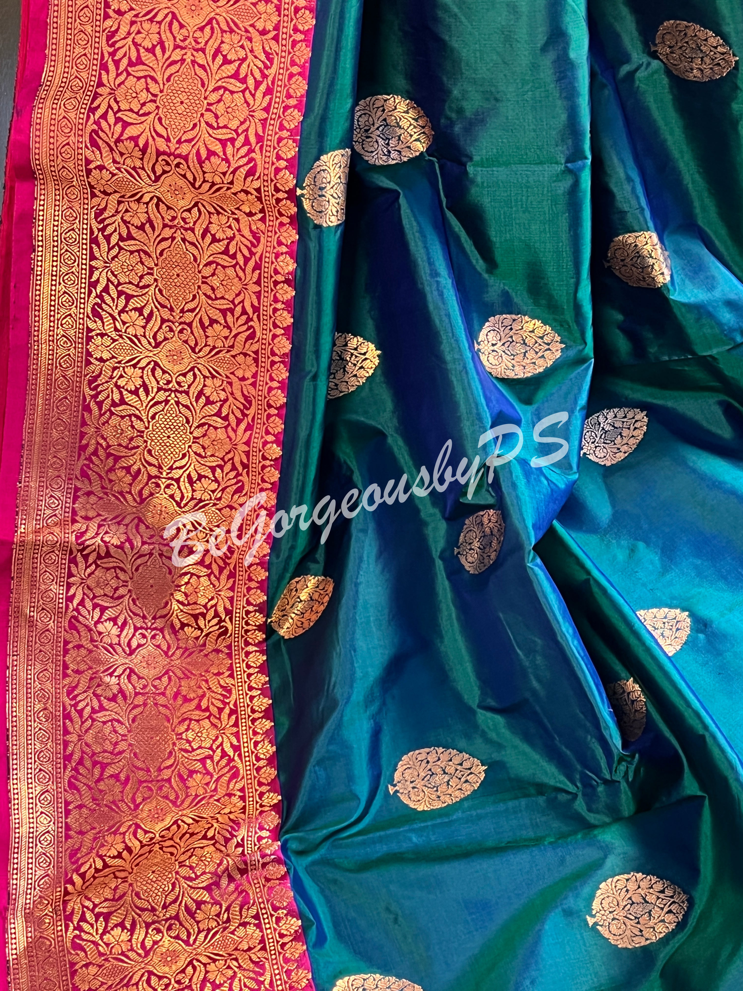 Banarasi Katan Silk silkmark certified with stitched blouse - bottle green pink