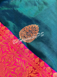 Banarasi Katan Silk silkmark certified with stitched blouse - bottle green pink