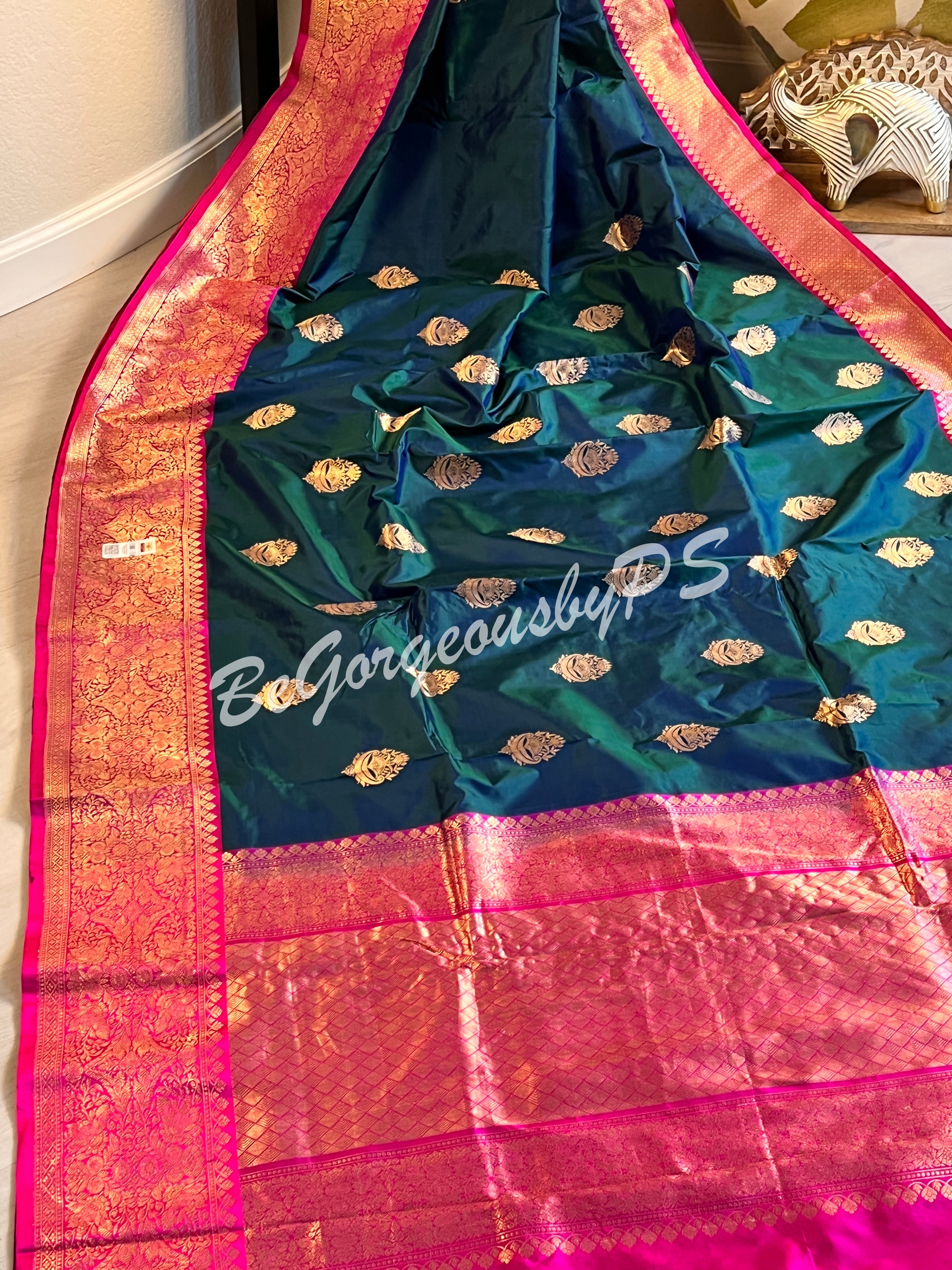 Banarasi Katan Silk silkmark certified with stitched blouse - turqoise