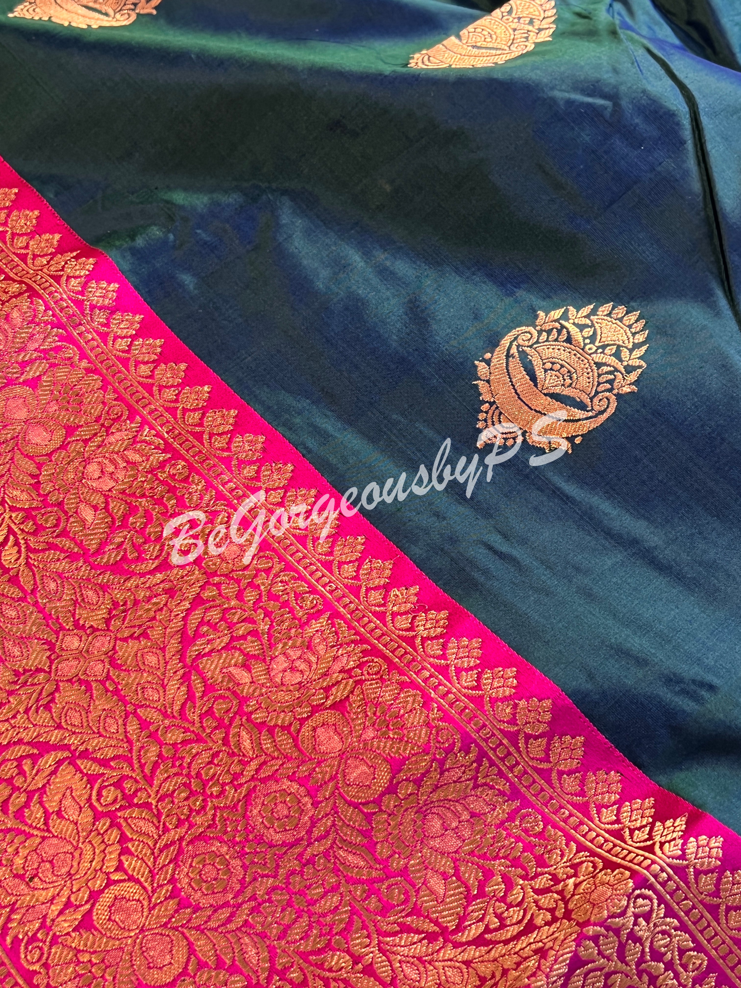 Banarasi Katan Silk silkmark certified with stitched blouse - turqoise