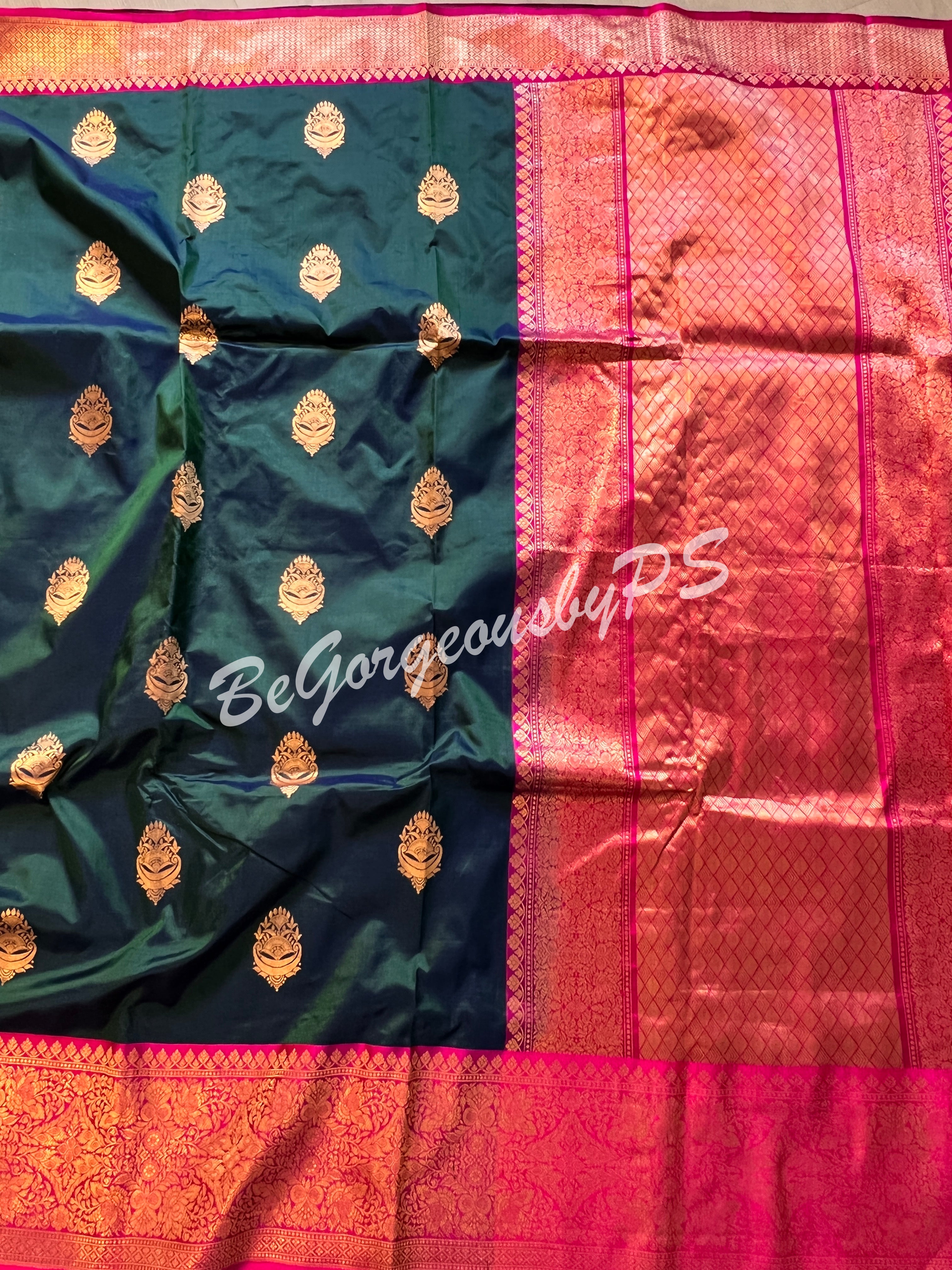 Banarasi Katan Silk silkmark certified with stitched blouse - turqoise