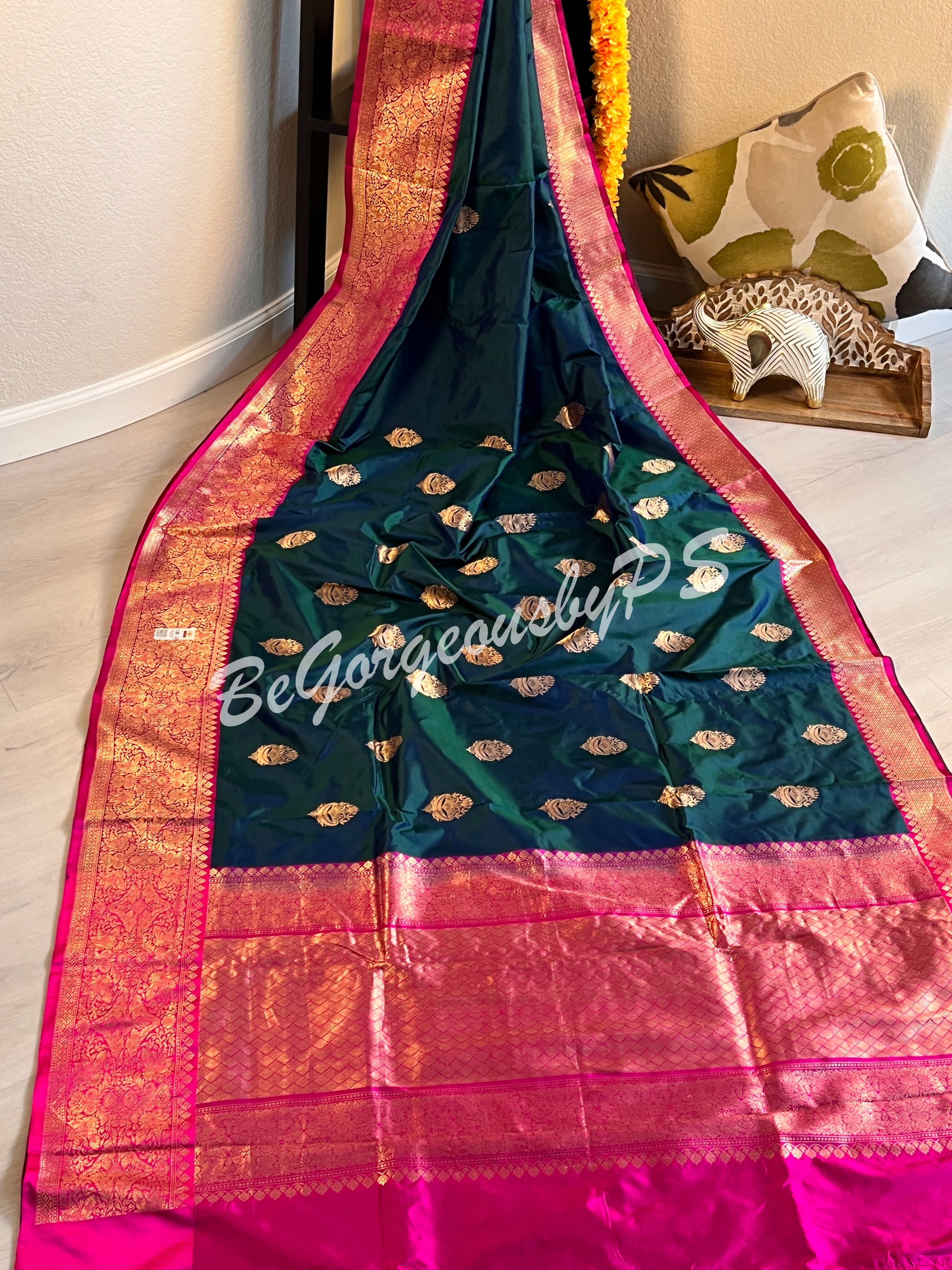 Banarasi Katan Silk silkmark certified with stitched blouse - turqoise