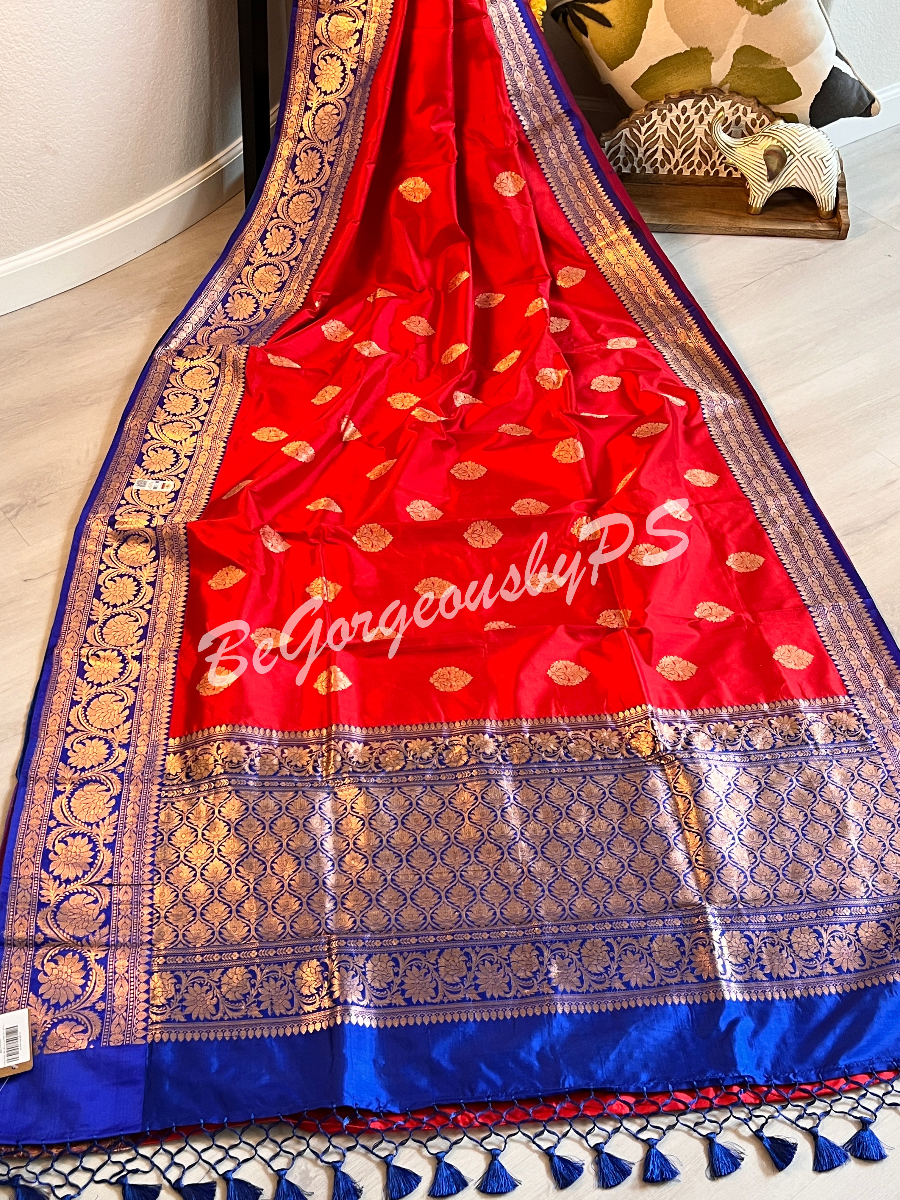 Banarasi Katan Silk silkmark certified with stitched blouse - red blue