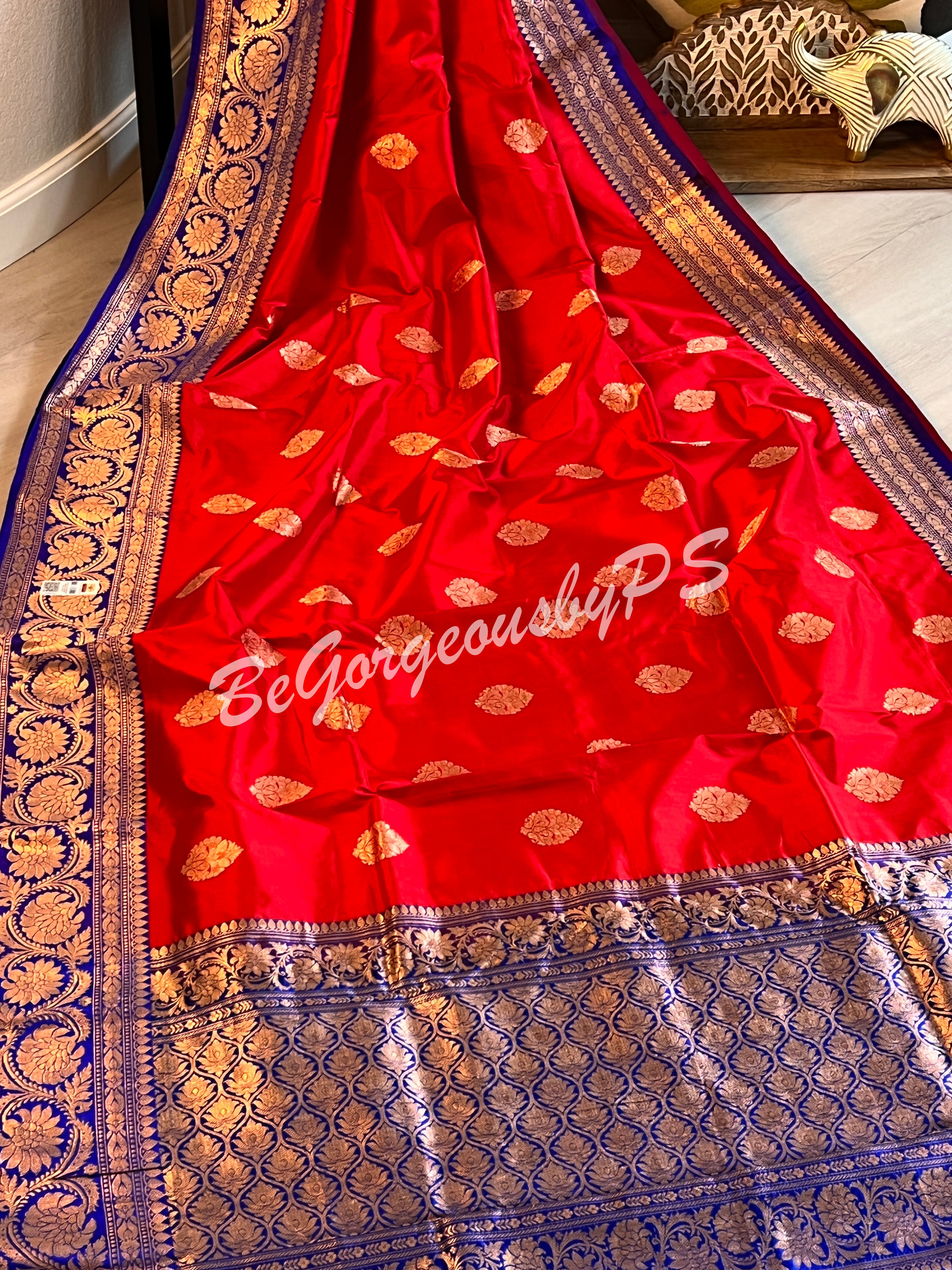 Banarasi Katan Silk silkmark certified with stitched blouse - red blue