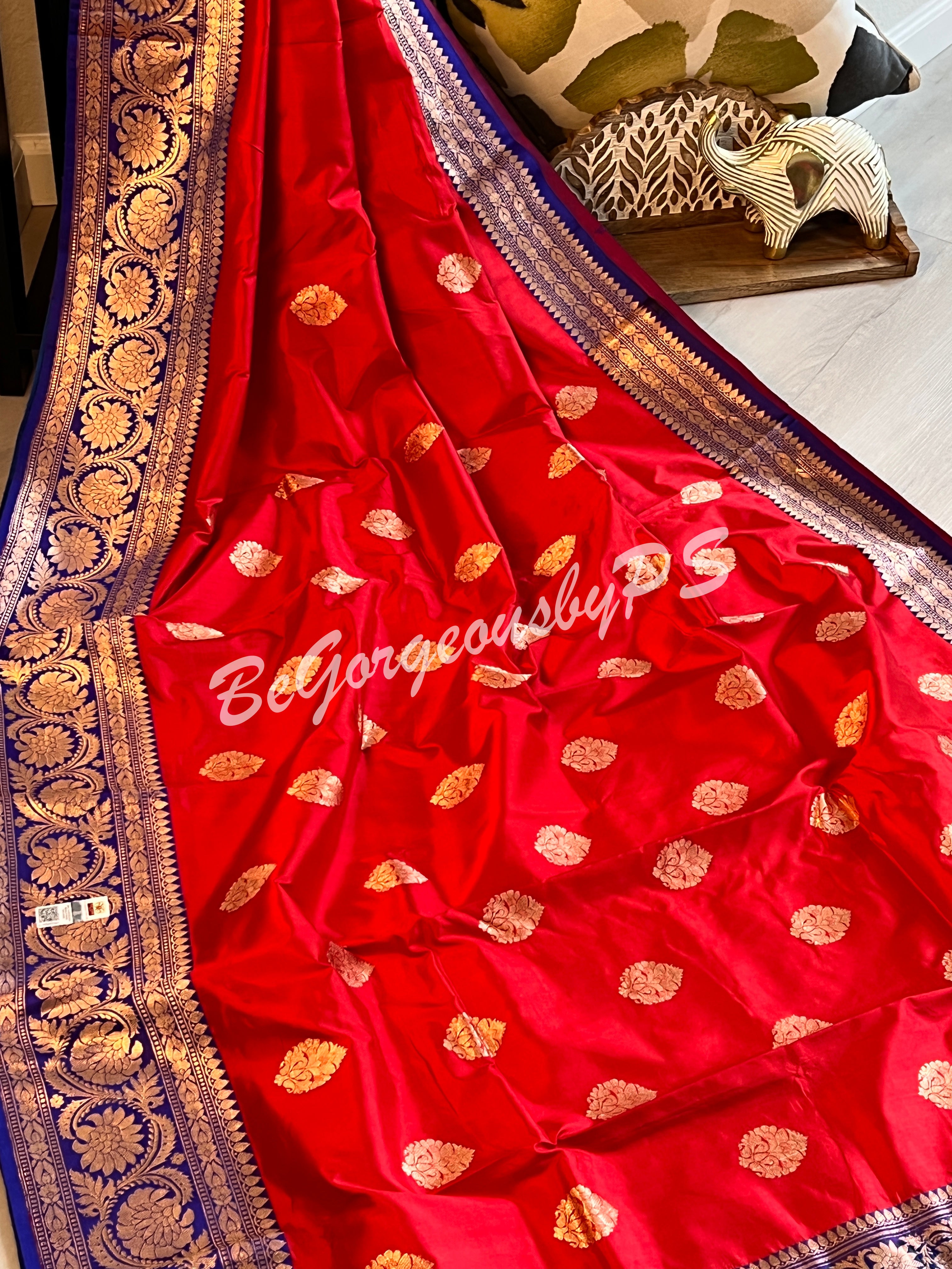 Banarasi Katan Silk silkmark certified with stitched blouse - red blue