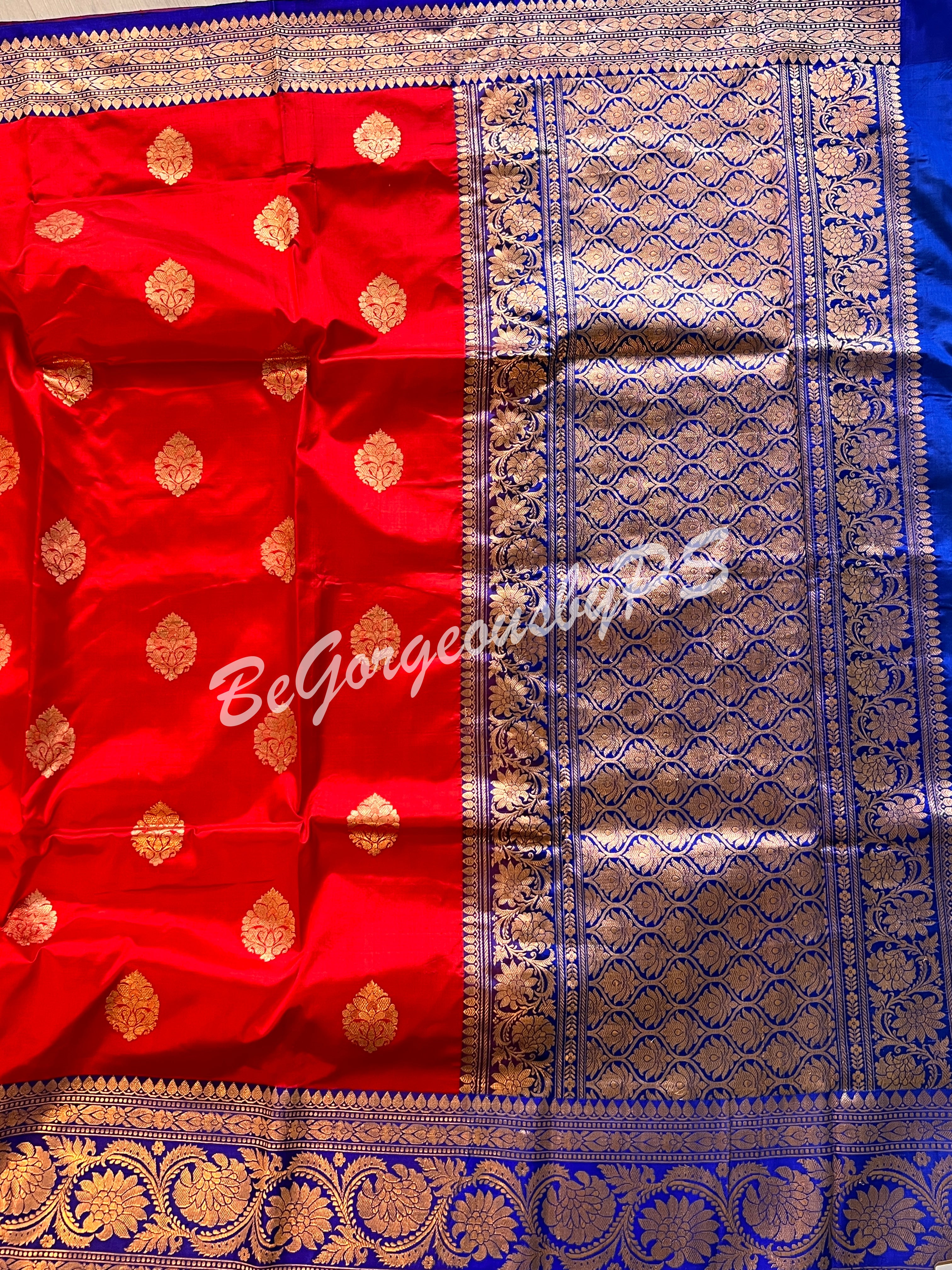 Banarasi Katan Silk silkmark certified with stitched blouse - red blue