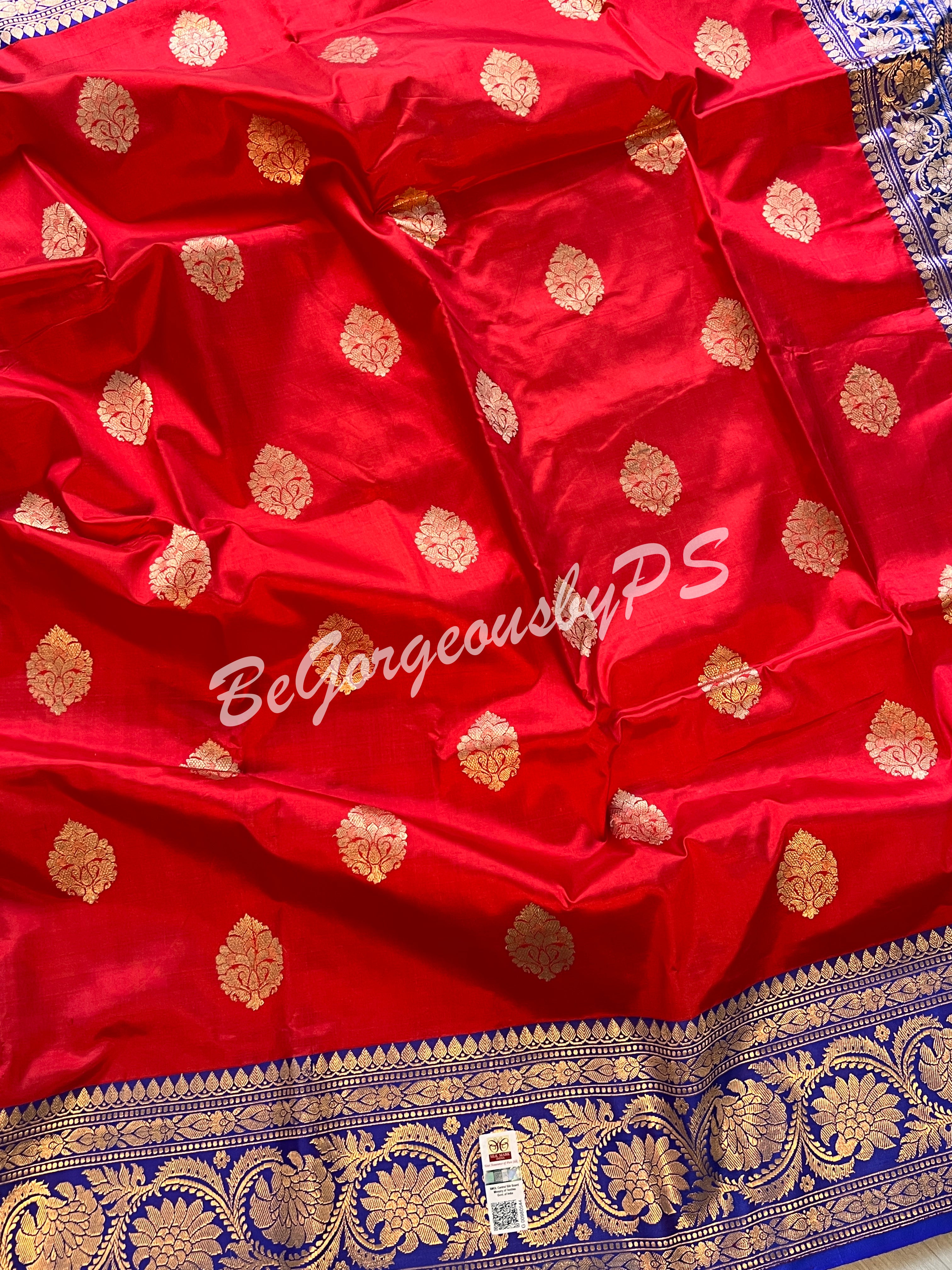 Banarasi Katan Silk silkmark certified with stitched blouse - red blue