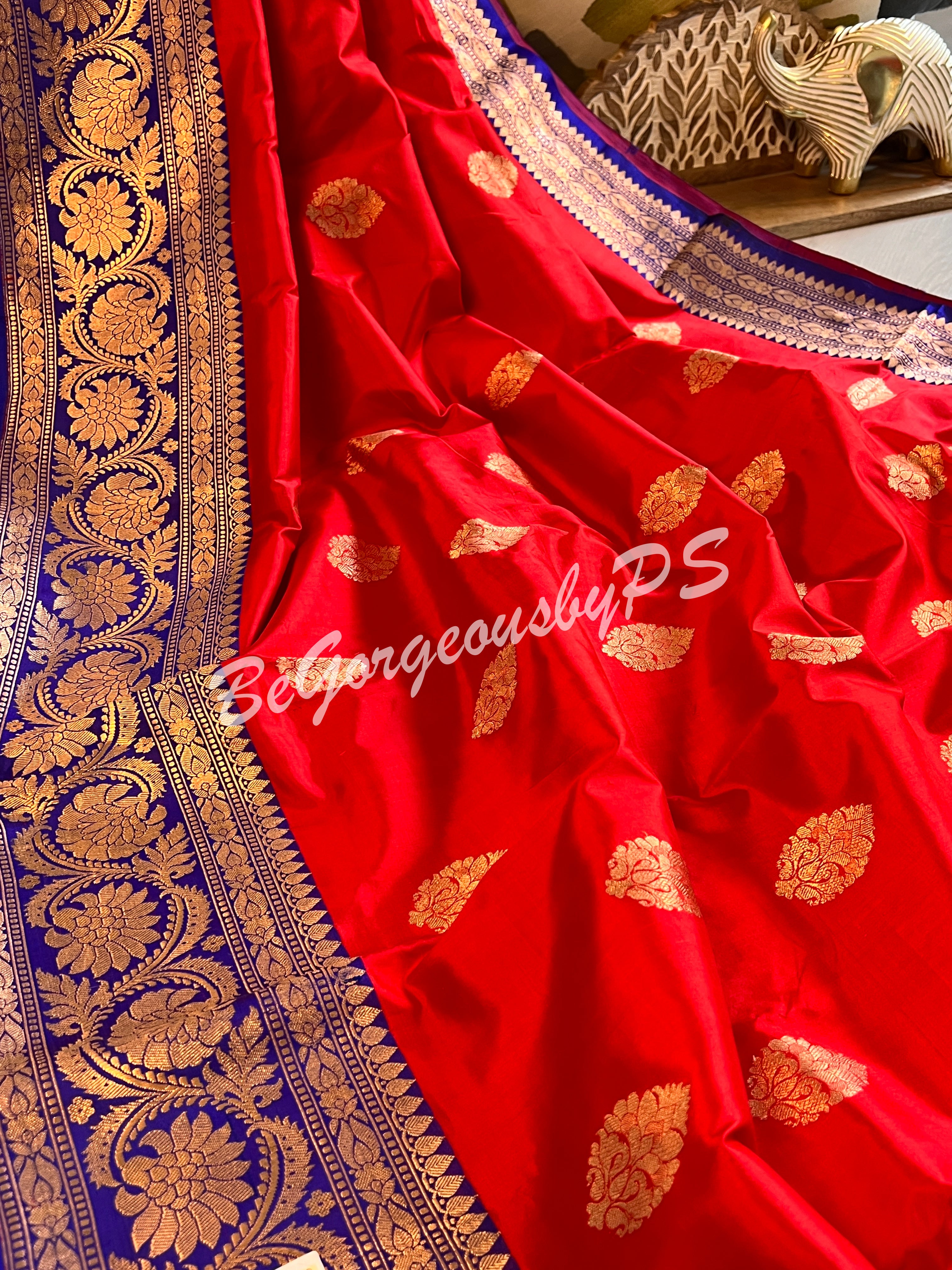 Banarasi Katan Silk silkmark certified with stitched blouse - red blue