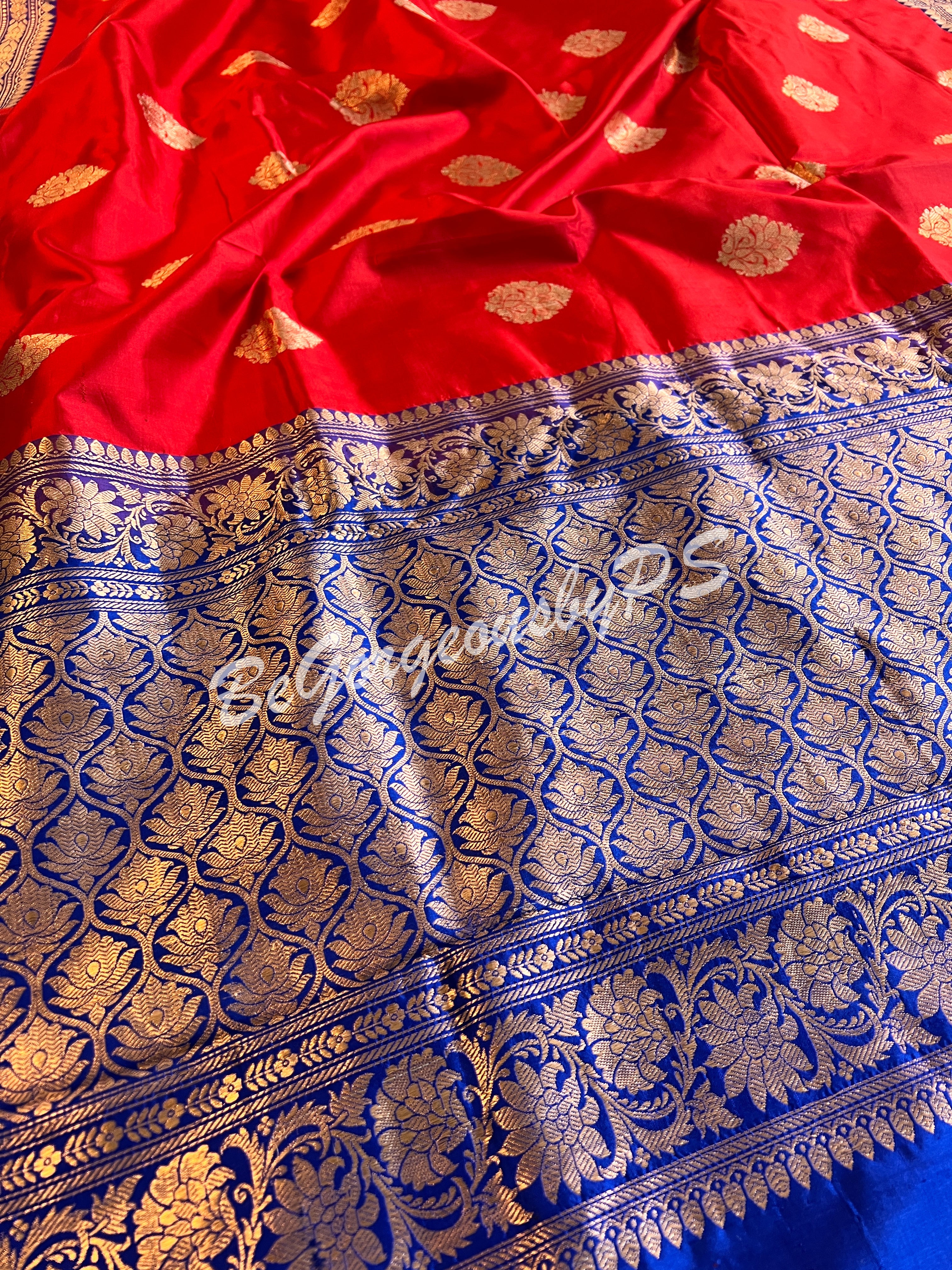 Banarasi Katan Silk silkmark certified with stitched blouse - red blue