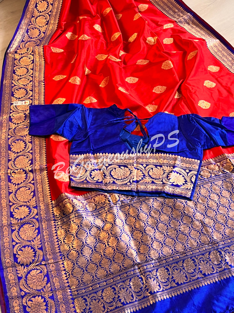 Banarasi Katan Silk silkmark certified with stitched blouse - red blue